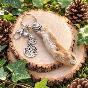 May include: A keyring featuring a brown and white furry animal foot attached to a silver metal ring. The keyring includes a silver lobster clasp, a small heart charm, and two circular silver charms depicting a detailed tree of life design.