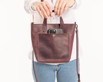 Bolso de mano de cuero genuino hecho a mano, bolso de trabajo urbano con cremallera para mujer, bolso bandolera informal para uso diario con bolsillo exterior.