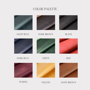 May include: A color palette chart displaying nine swatches of leather in light blue, dark brown, black, dark blue, green, red, purple, yellow, and light brown. Each swatch is labeled with its corresponding color name in black text below the image.