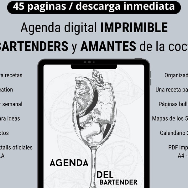 Agenda digital Imprimible para amantes de los cocteles|Bartender|Planner digital|Planificador digital diario|Goodnote|Plantillas|2024|2025