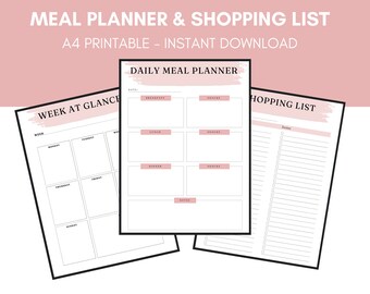 May include: Printable meal planner and shopping list templates. The set includes a weekly meal planner, a daily meal planner, and a shopping list. Each page has a pink watercolor design.