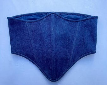 Handmade Blue Denim Corset Top, Lace Up Waist Shaping Boned Bodice