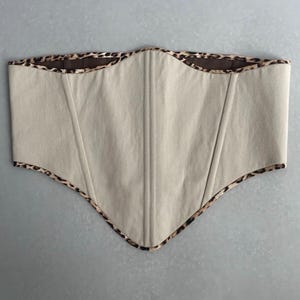 Handmade Beige Denim Underbust Corset, Leopard Print Trim Lace Up Corset Belt, One of a Kind, Size L/XL