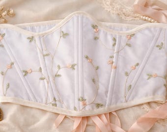 Floral Embroidered Corset Top, Romantic Cottagecore Lace Boned Bodice
