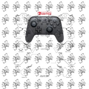 May include: A diagram of a Nintendo Switch Pro Controller, with labels for each button and component. The controller is gray, and the diagram includes the text "Nintendo Switch" at the top and "Release Date March 3, 2017" at the bottom.