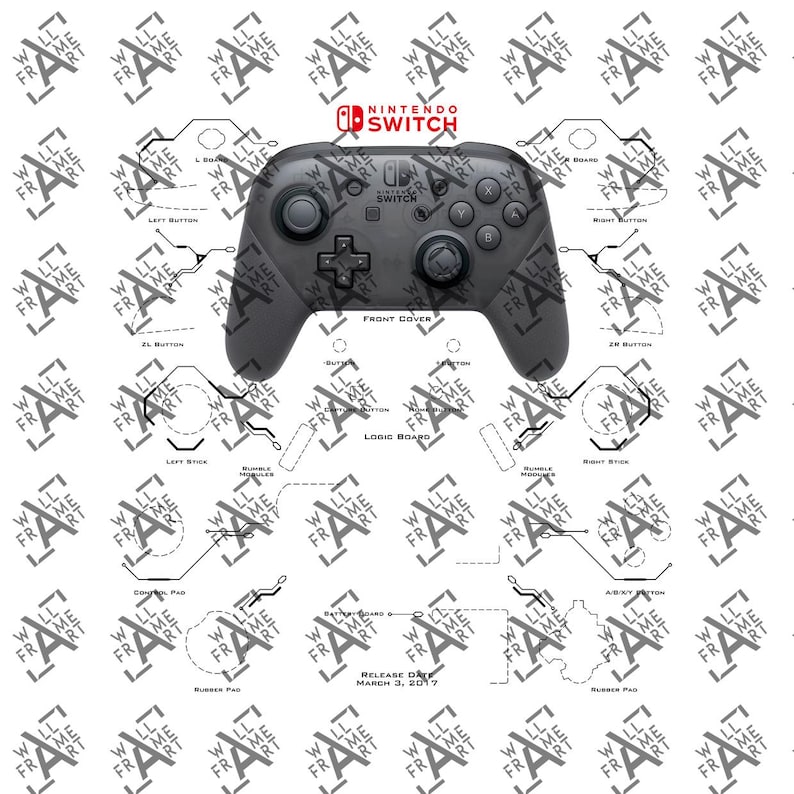 May include: A diagram of a Nintendo Switch Pro Controller, with labels for each button and component. The controller is gray, and the diagram includes the text "Nintendo Switch" at the top and "Release Date March 3, 2017" at the bottom.