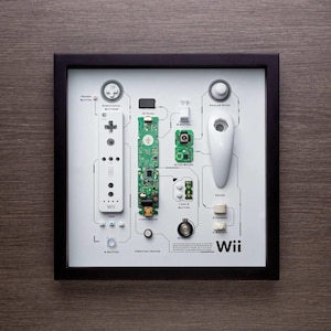 Könnte beinhalten: Eine weiße Nintendo Wii-Fernbedienung, die zerlegt und auf einem weißen Hintergrund mit Beschriftungen für jedes Teil ausgelegt ist. Die Teile umfassen den Power-Knopf, den Steuerkreuz, den A-Knopf, den Vibrationsmotor, das IR-Panel, den Lautsprecher, den Analogstick, die Abdeckung, den Trigger und mehr.