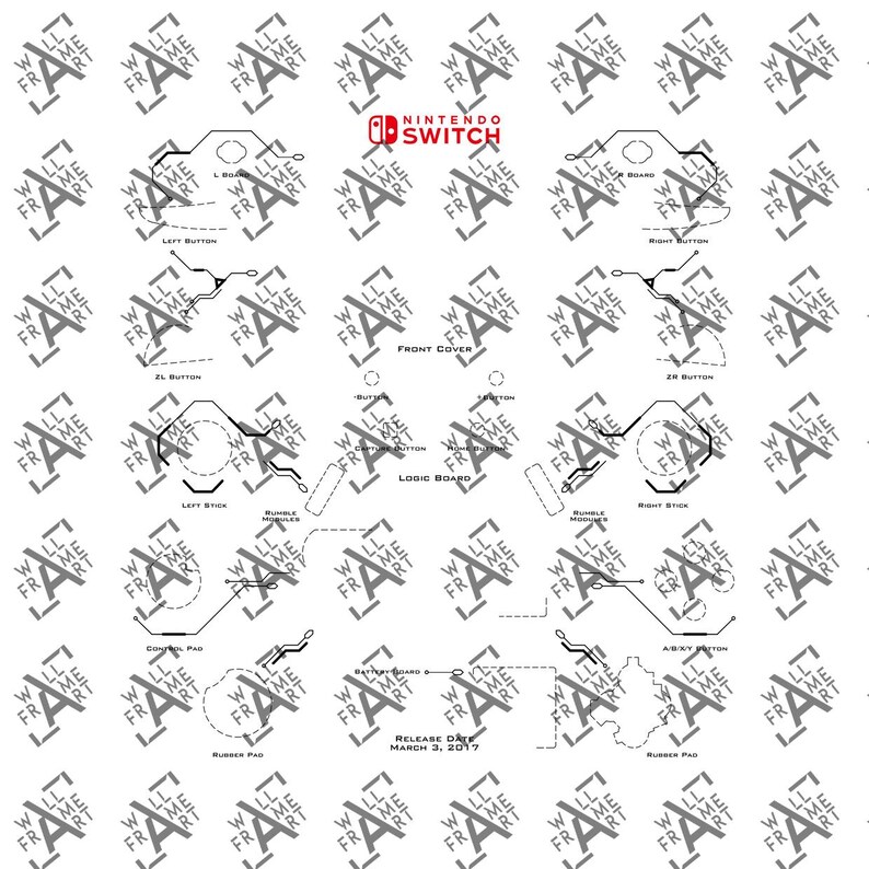 May include: A white schematic diagram of a Nintendo Switch controller, featuring labeled components like buttons, sticks, and the logic board. The Nintendo Switch logo is visible. Release date: March 3, 2017.
