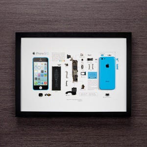 May include: A diagram showing the individual parts of an iPhone 5C, including the phone's motherboard, battery, camera, and other components. The phone is shown in a light blue color.