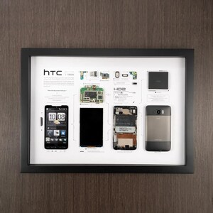 May include: A framed poster showing the disassembled parts of an HTC HD2 smartphone. The poster includes a diagram of the phone's internal components, as well as images of the phone's various parts, including the screen, the motherboard, and the battery.
