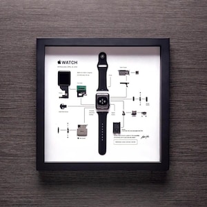 May include: A framed diagram showing the disassembled parts of an Apple Watch. The watch is in the center of the diagram, with the different components connected to it by lines. The text "WATCH" and "REVOLUTIONIZED APRIL 24, 2015" is at the top of the diagram.