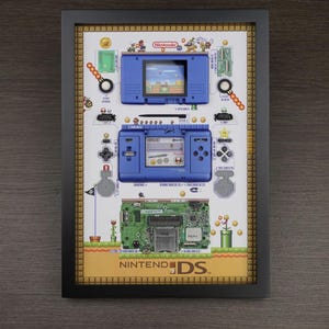 May include: A framed artwork featuring a disassembled Nintendo DS handheld gaming console. The console is shown in its component parts, including the motherboard, screen, buttons, and stylus. The artwork is set against a white background with a Super Mario Bros. themed design.