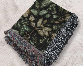 Forest Botanical Woven Blanket, Floral Cottagecore Cotton Throw, Dark Green Nature Home Decor B35