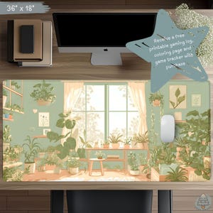 May include: A decorative desk mat, 36 x 18 inches, featuring a botanical illustration of a room filled with potted plants. The design includes a window, shelves, and a small table. Text on the mat reads: "Receive a free printable gaming log, coloring page and game tracker with purchase."