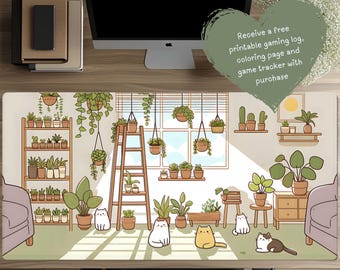 May include: A rectangular desk mat featuring a light-colored room illustration with numerous potted plants on shelves, a ladder, and a window. Four cartoon cats in white, yellow, and brown sit on the floor. Text reads: Receive a free printable gaming log, coloring page and game tracker with purchase.