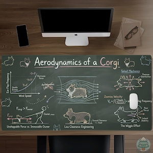 May include: A dark green rectangular desk mat featuring a white and pink chalk-style diagram titled Aerodynamics of a Corgi. The graphic includes physics-themed illustrations of Corgis, mathematical formulas, and labels like Sploot Mechanics.