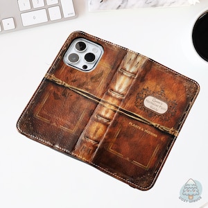 Étui portefeuille pour guide de terrain pour herboriste - Cuir végétalien, étui personnalisable pour iPhone Samsung, cadeau esthétique de sorcellerie livresque pour les bibliophiles