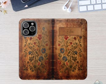 Custom Floral Spell Book Wallet Phone Case - Customizable Vegan Leather iPhone Samsung Cover, Cute Vintage Aesthetic Gift, Magic Witch F1