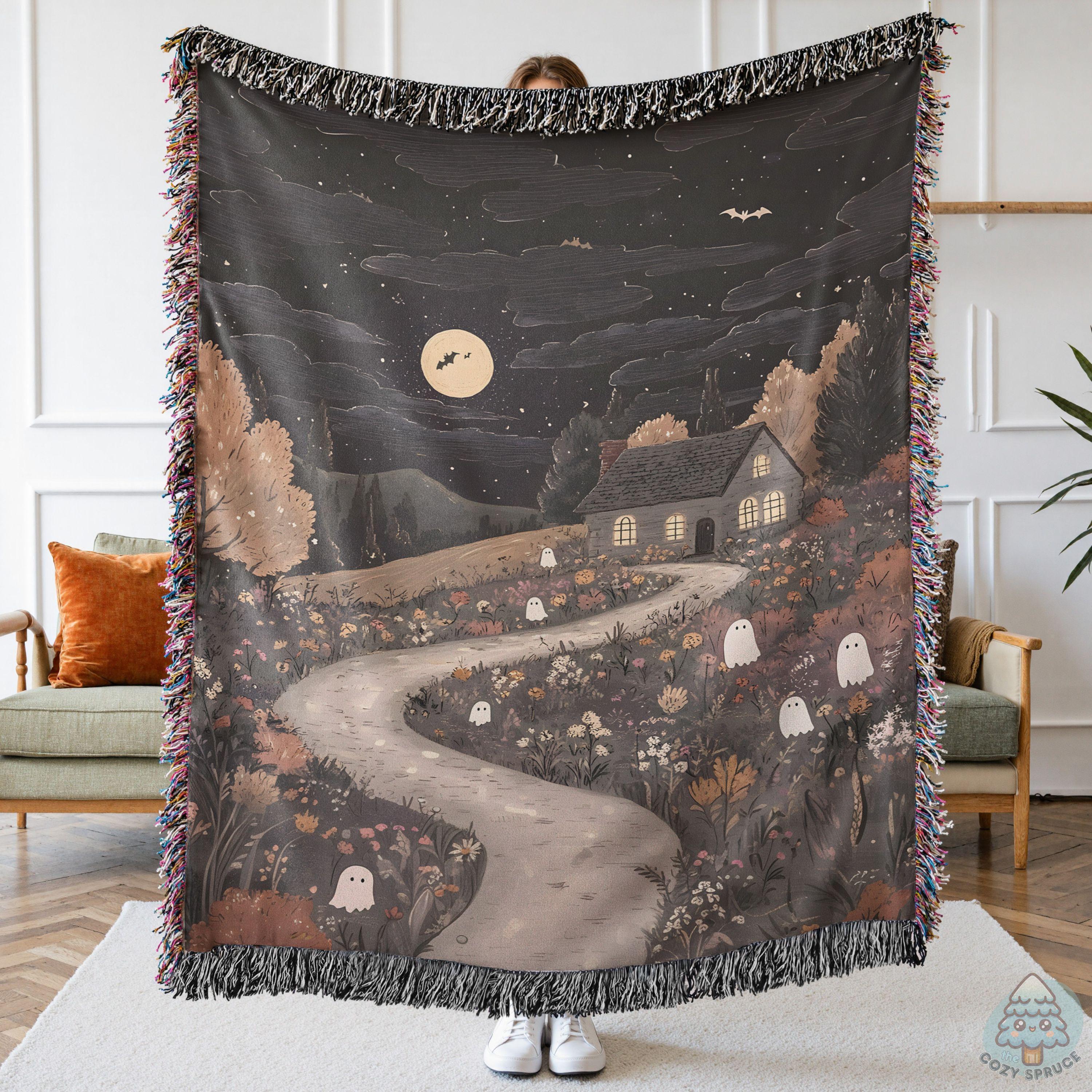 Haunted Cottage Woven Blanket - 100% Cotton Dark Cottagecore Tapestry With Ghosts, Spooky Vintage Gift Throw, Fall Aesthetic Cozy Decor B2