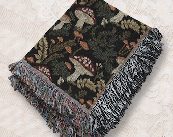 Woodland Mushroom Woven Blanket, Dark Cottagecore Forest Throw, Cozy Botanical Nature Decor, Rustic Fairycore Gift B30