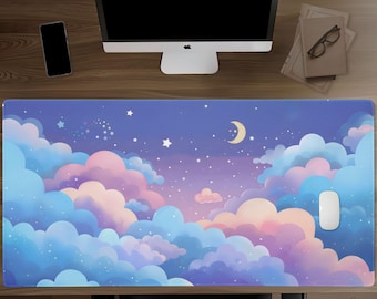 Lofi Desk Mat, Scenic Clouds and Stars Design, Cottagecore Desk Mat, TCG Playmat Pastel Clouds Desk Mat Cute Decor, XL Mouse Pad D56