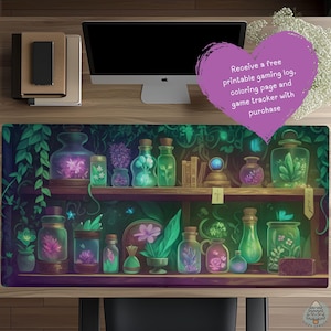 May include: A rectangular desk mat featuring a digital illustration of two wooden shelves filled with various glass jars containing glowing plants, flowers, and crystals. A purple heart-shaped graphic contains the text: Receive a free printable gaming log, coloring page and game tracker with purchase.