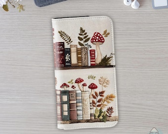 Vintage Bookish Mushroom Wallet Phone Case - Embroidery Look Vegan Leather Cover, Cute iPhone Samsung Case, Magic Witch Aesthetic Gift