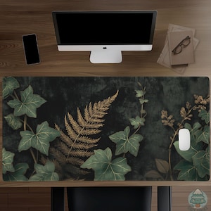 Dark Botanical Desk Mat, Emerald Ivy and Gold Fern Mouse pad, Forest Keyboard Mat, Cozy Workspace D176
