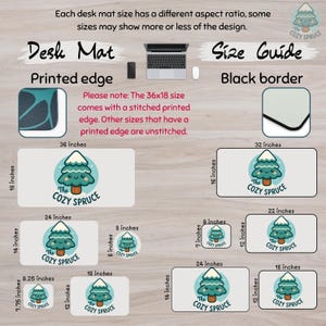 The image is a size guide for desk mats, providing different mat sizes and corresponding images of the mats. The guide includes a printed edge and a black border, with the printed edge sizes ranging from 36 inches to 32 inches and the black border sizes ranging from 24 inches to 18 inches. The guide also includes a small image of a cozy spruce mat, which is a type of desk mat.