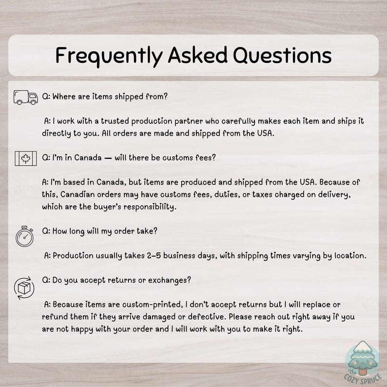 a series of frequently asked questions about shipping and customer service, including information about the shipping partner, customs fees, order duration, return and exchange policies, and the company's approach to handling returns and exchanges.