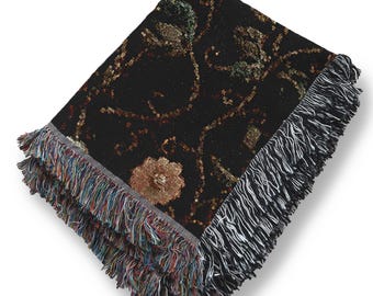 Antique Floral Tapestry Woven Throw Blanket – Romantic Gothic Blanket, Dark Academic Decor, Cozy Gift for Bookish Homes B21