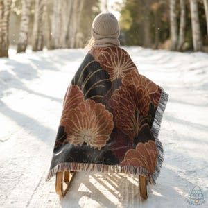 Festive Fan Pattern Woven Blanket, Japanese Inspired Warm Rust and Gold Throw, Cozy Cottagecore Home Decor, Christmas Holiday Gift B26