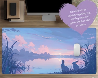 Sunset Lake Bunny Desk Mat: Cottagecore Mouse Pad D43