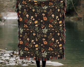 Forest Floor Cotton Woven Blanket - Dark Cottagecore Mushroom Throw, Vintage Heirloom Tapestry, Cozy Woodland Picnic Blanket B12