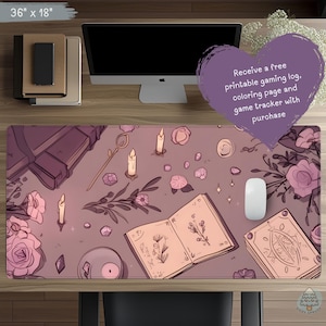 May include: A rectangular desk mat measuring 36 by 18 inches featuring a purple-toned illustration of open books, lit candles, floral arrangements, and crystals. A white computer mouse rests on the surface, which displays a printed offer for a free printable gaming log, coloring page, and game tracker with purchase.