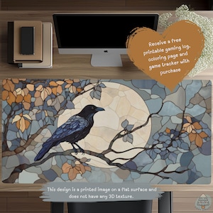 Raven Moon Desk Mat, Iridescent Gothic Mouse Pad, Dark Academia Office Decor, Witchy Crow Workspace Gift, Stained Glass Effect Desk Pad D138