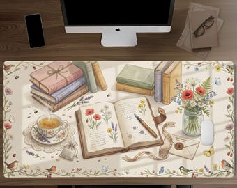 Bookish Journal Desk Mat, Cozy Cottagecore Mouse Pad, Vintage Stationery Gaming Desk Pad, Floral Tea Desk Decor
