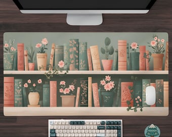 Bookish Desk Mat: Cottagecore Library, Sage & Coral Floral Mousepad D178