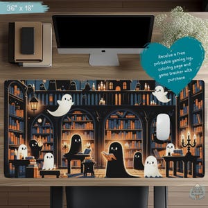 Cute Ghost Library Desk Mat Gothic Cottagecore Deskmat, Halloween Desk Pad, Dark Mouse Pad, TCG Playmat, Gift for Cozy Gamer D152