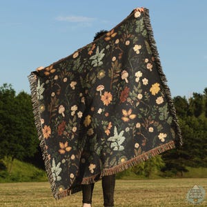 Mushroom Woven Cotton Blanket: Dark Cottagecore Woodland Tapestry Throw B12