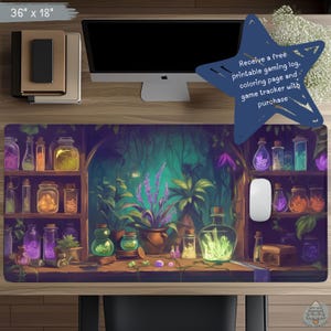 May include: A 36 by 18 inch desk mat featuring a fantasy illustration of wooden shelves filled with glowing glass potion bottles and potted plants. A dark blue star-shaped graphic includes the text: Receive a free printable gaming log, coloring page and game tracker with purchase.