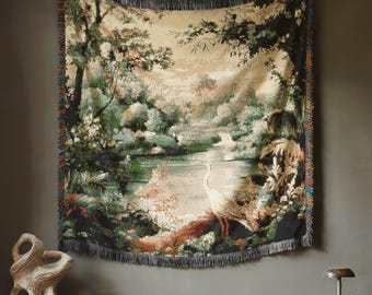 French Tapestry Style Botanical Landscape Woven Throw Blanket – Serene Heron Blanket, Heirloom Decor, Gift for Nature Lovers B13