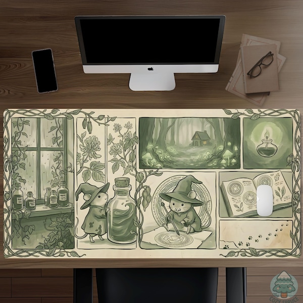 Cottagecore Mouse Atelier Desk Mat, Sage Green Mouse Pad, Fantasy Keyboard Mat, Cozy Workspace Decor