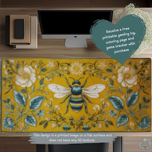 Cute Vintage Bee Desk Mat, Gold Botanical Floral Mouse Pad, Rustic Cottagecore Desk Decor, Cozy Gamer Gift, Insect-Inspired TCG Playmat D149