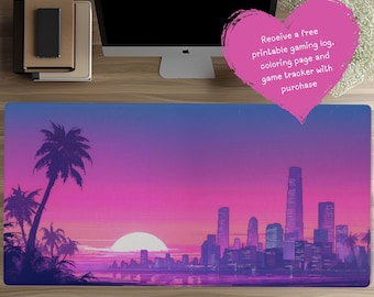 Retro Vaporwave Desk Mat - Neon Pink and Purple Pixel Art Mouse Pad, Synthwave Aesthetic Gaming Desk Pad, TCG Playmat, Gift for Gamers D94