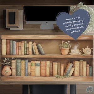 May include: A desk mat featuring a watercolor illustration of a bookshelf filled with vintage books. A teacup, teapot, and potted plant are on the top shelf. The text on the image says, "Receive a free printable gaming log, coloring page and game tracker with purchase."