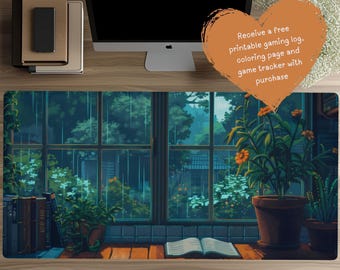 Rainy Garden Lofi Desk Mat, Cottagecore Desk Mat, TCG Playmat, Green Cute Mouse Pad, Pixel Art Desk Mat Aesthetic, Gift for Cozy Gamer D114