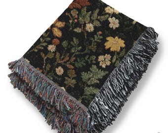 Forest Floor Woodland Cotton Woven Blanket - Dark Cottagecore Mushroom Throw, Vintage Heirloom Tapestry, Cozy Woodland Picnic Blanket B12