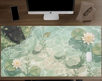 Black Cat Lily Pad Pond Desk Mat, Kawaii Floral Mouse Pad, Sage Green Keyboard Mat, Water Lily Gaming Desk Mat