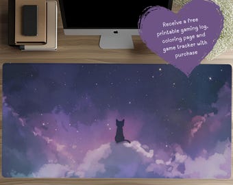 Black Cat Desk Mat: Starry Night Sky, Kawaii Anime Mouse Pad D58